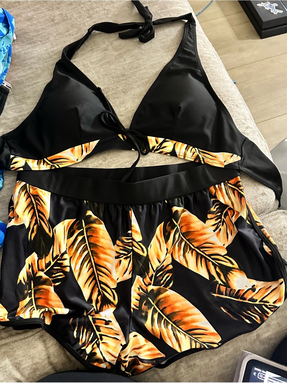 SHEIN Black Bikini Set with Orange Tropical Leaf Print